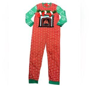Dec.25th Ugly Christmas Pajama Red Fireplace with Stockings and Tinsel Back Zip